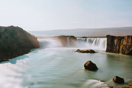 The GoÃ°afoss is one of the larger waterfalls in Iceland. It is located in the MÃ½vatn district in central-north Iceland.の写真素材
