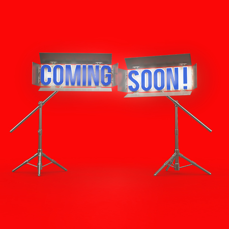 COMING SOON word on red background 3d renderingの写真素材