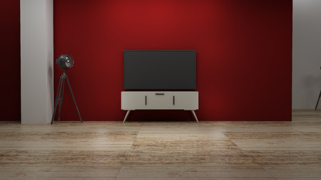 Living room with empty TV screen 3d renderingの写真素材