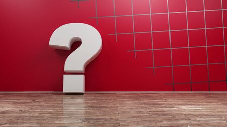 Question mark on wooden floor and red wall background. 3d renderingの写真素材