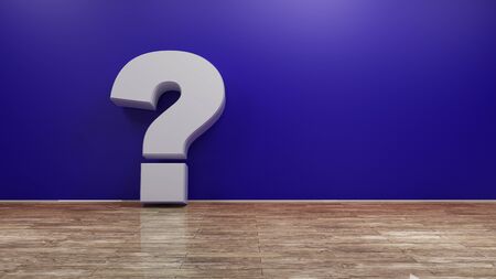 Question mark on wooden floor and blue wall background. 3d renderingの写真素材