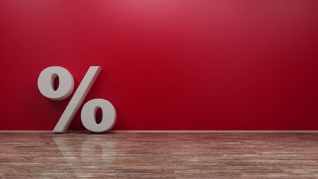 Percent Symbol on Wooden Floor Against Wall 3d renderingの写真素材
