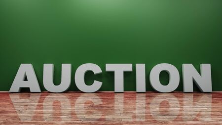 Auction Text on Wooden Floor Against Wall 3d renderingの写真素材