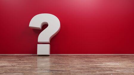 Question mark on wooden floor and red wall background. 3d renderingの写真素材