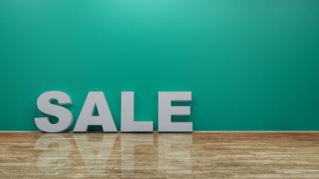 Sale Text on Wooden Floor Against Wall 3d renderingの写真素材
