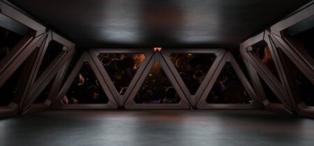 sci fi  corridor with view of space galaxy 3d renderingの写真素材