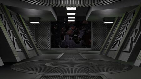 sci fi  corridor with view of space galaxy 3d renderingの写真素材