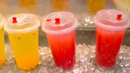Section of freshly prepared juices from tropical fruits