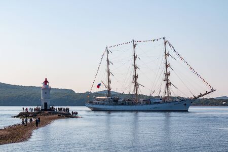 VLADIVOSTOK, RUSSIA - SEPTEMBER 11, 2018: The movement of sailing ship Nadezhda in the Amur Bay of...