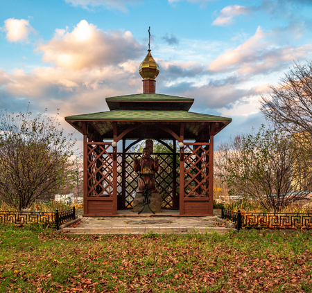 A gazebo with a sculpture in the St. Seraphim Monastery on the Russian Island in Vladivostokの写真素材