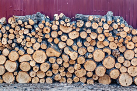 A wall of stacked firewood harvested for the winter season for heating a home and saunaの写真素材