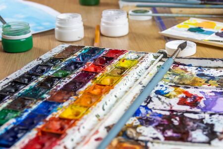 Set palette of multicolor art oil and gouache paints for drawing a pictureの写真素材