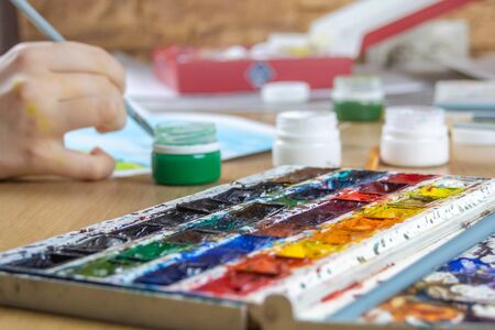 Set palette of multicolor art oil and gouache paints for drawing a picture