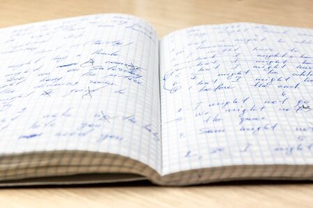 Sheets of school student notebook scribbled with a blue ballpoint penの写真素材