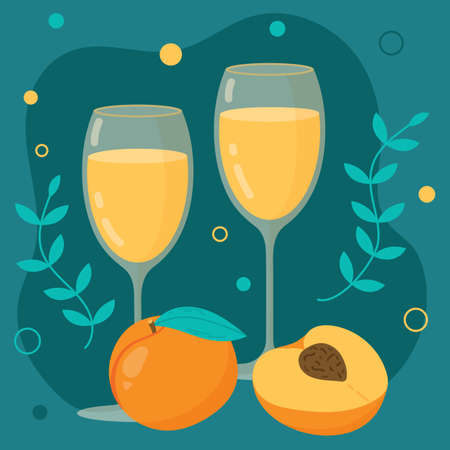 White wine glasses with peaches and leaves. Vector image on a blue background.のイラスト素材