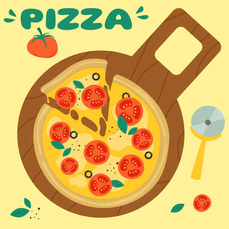 Margherita pizza with tomatoes, basil and cheese. Vector isolated image.のイラスト素材