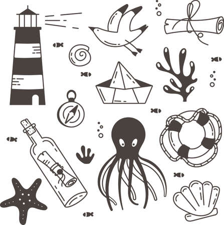 Sea life vector hand drawn doodles. Doodle set. Icons in line-art style. Line drawing by hand. Isolated vector illustration.のイラスト素材