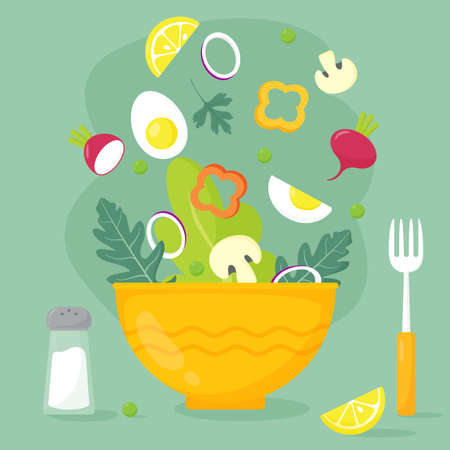 Colorful poster with vegetable salad of radishes, mushrooms, eggs, paprika, lettuce and onions. Set of healthy food on a green background. The image also features salt, a fork, and a salad bowl.のイラスト素材