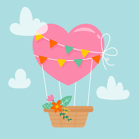 Illustration with a heart shaped balloon on a blue sky with white clouds. Holidays festivals and events. Poster for holiday decoration. Isolated vector illustration. Happy birthday. Love in the air.のイラスト素材