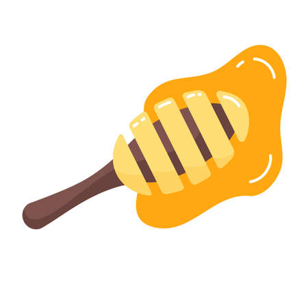 Wooden honey stick or spoon. Vector illustration in cartoon style on a white background. Under the spoon spreads transparent liquid golden honey. Traditional food utensil.のイラスト素材