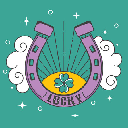 Golden horseshoe amulet. A good luck charm. A design element. Lucky St. Patrick's day symbol. Vector image in doodle style.のイラスト素材