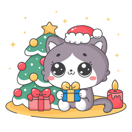 A gray kitten next to a Christmas tree. Cat and Christmas presents. Holidays and new year. The image is suitable for postcards, stickers. Vector image. Flat cartoon styleのイラスト素材
