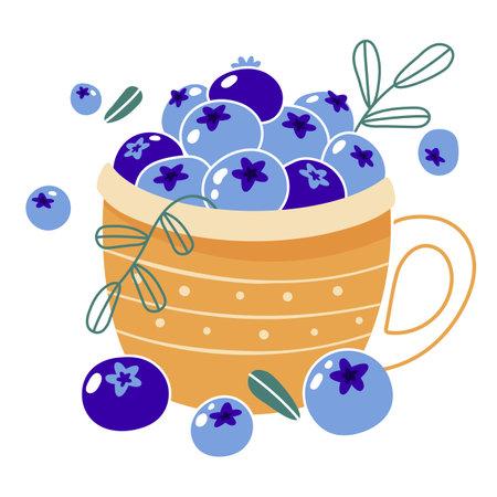 Ripe blueberries in a porcelain cup. A handful of delicious and juicy berries. Summer harvest. Vector image on a white backgroundのイラスト素材