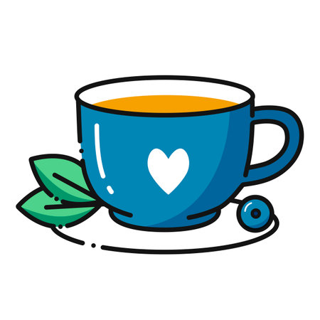 blue cup of green tea. Herbal tea, healthy lifestyle, blueberry drink. Vector image on a white background, outlineのイラスト素材