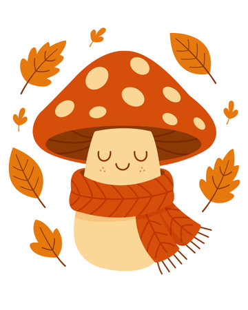 A cute mushroom in a scarf. Fallen leaves are spinning around it. The dangerous mushroom is smiling. Vector imageのイラスト素材