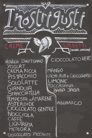 Typical italian menu written on a black chalkboard to mean a concept of tourism and businessの写真素材