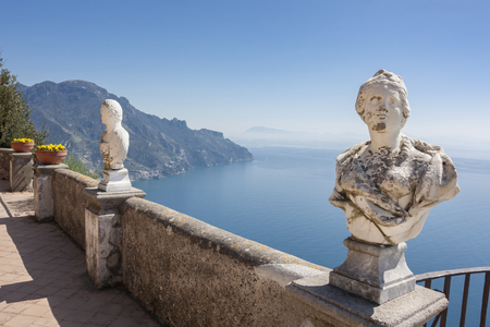 View with statues from the city of Ravello, Amalfi Coast, Italy, Europe to connote a concept of tourism and cultureの写真素材