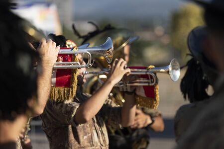 Eboli, Italy - June 29, 2019: Musical band of the Italian army - close up during a civil demonstration.のeditorial素材