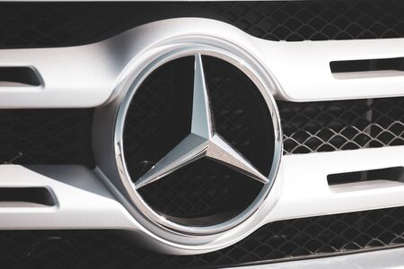 Salerno, ITALY - June 29, 2019: close-up of the Mercedes logo to mean a conceptのeditorial素材