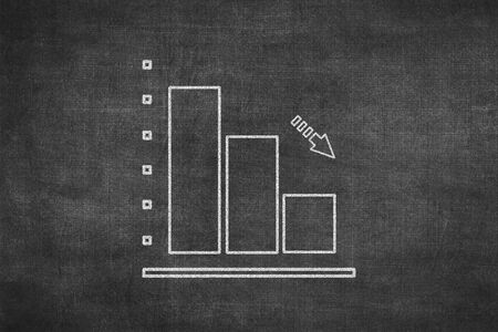 White chalk hand drawing in bar chart with downtrend arrow shape on blackboard background