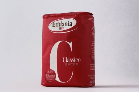 Matera, Italy - May 29, 2019: Eridania sugar on a white background to mean a commercial conceptのeditorial素材