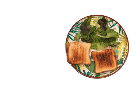 Two toasts with salad in a plate on a white background.