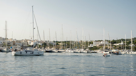 Harbor Sailing: Clear Sky and Ocean Adventureのeditorial素材