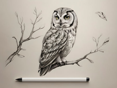 Wisdom in Monochrome: Black Pen Owl Illustration on Parchmentの素材