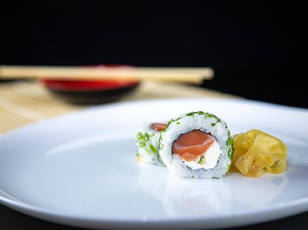 japanese food delicious salmon uramaki sushi with riceの写真素材