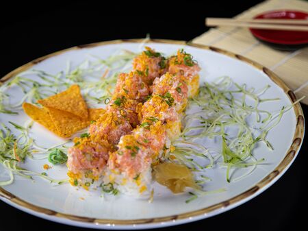 japanese food delicious salmon uramaki sushi with riceの写真素材