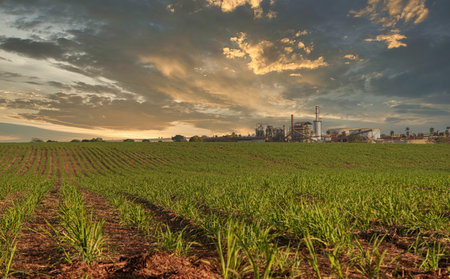 sugar cane plantation farm sunset factory in backgroundの写真素材