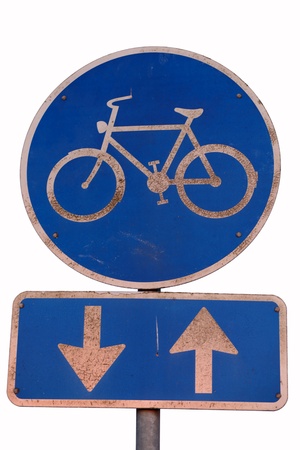 Blue bike lane sign - both directionsの写真素材