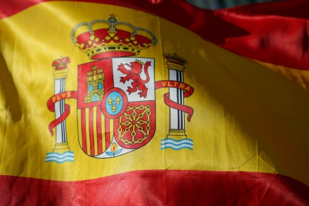 Wavy flag of spain, with crown and inscription