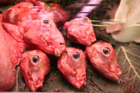 Sheep heads at meat counter in La Boqueria Market, Barcelona, Spainの写真素材