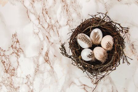 Pastel eggs in a bird's nest on a marble background