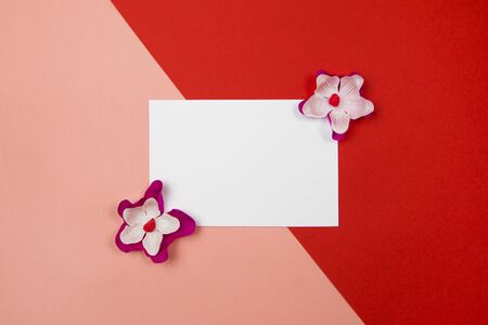 Purple and white flowers with white blank paper on a pastel orange and red backgroundの写真素材