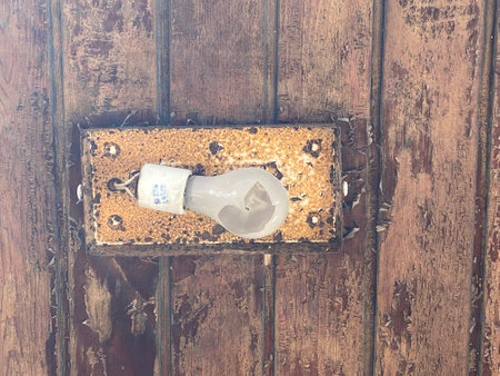 A broken light bulb on an old wooden door in the house.