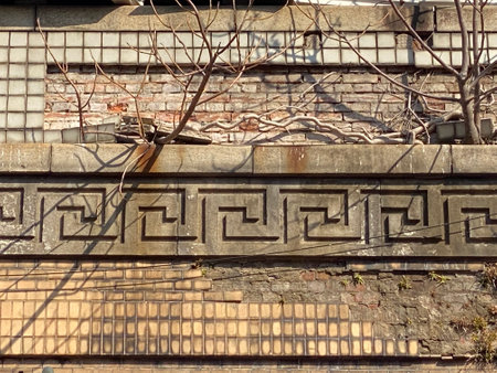 Brick wall with text in greek language. Ancient greek architecture.の写真素材