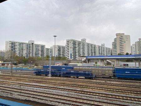 railway station and high-rise buildings