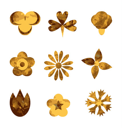 set flowers gold. Set of Vectorized Flowers. Set of flat icon flower icons in silhouette isolated on white. Cute retro design in bright colors for stickers, labels, tags, gift wrapping paper.のイラスト素材